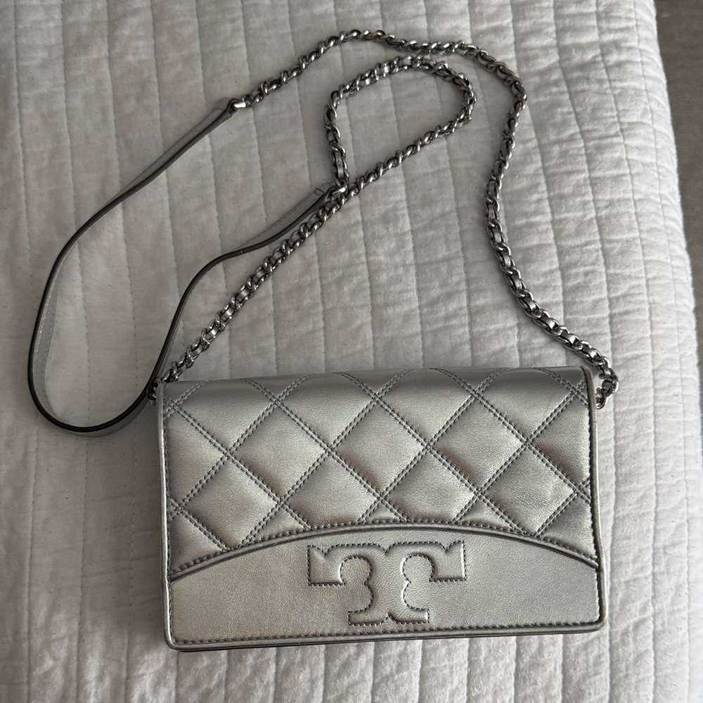 Tory Burch Silver Quilted Crossbody Bag